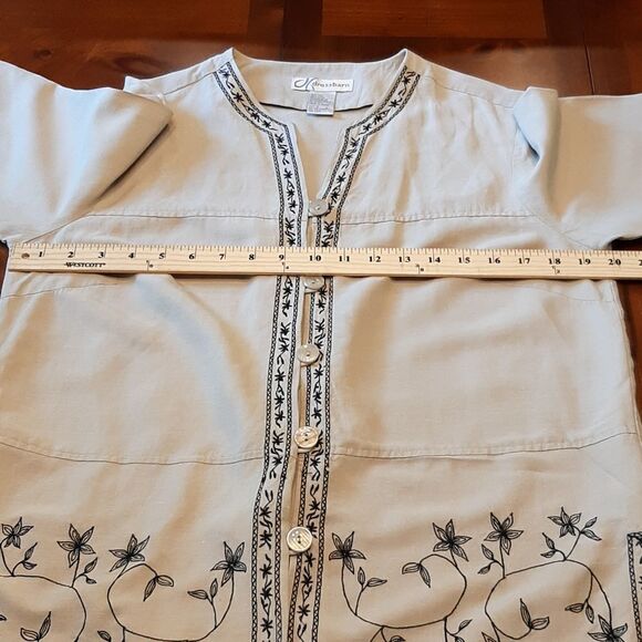 Dressbarn Silk/Linen Tan with Black Embroidery Button Down - Picture 6 of 7